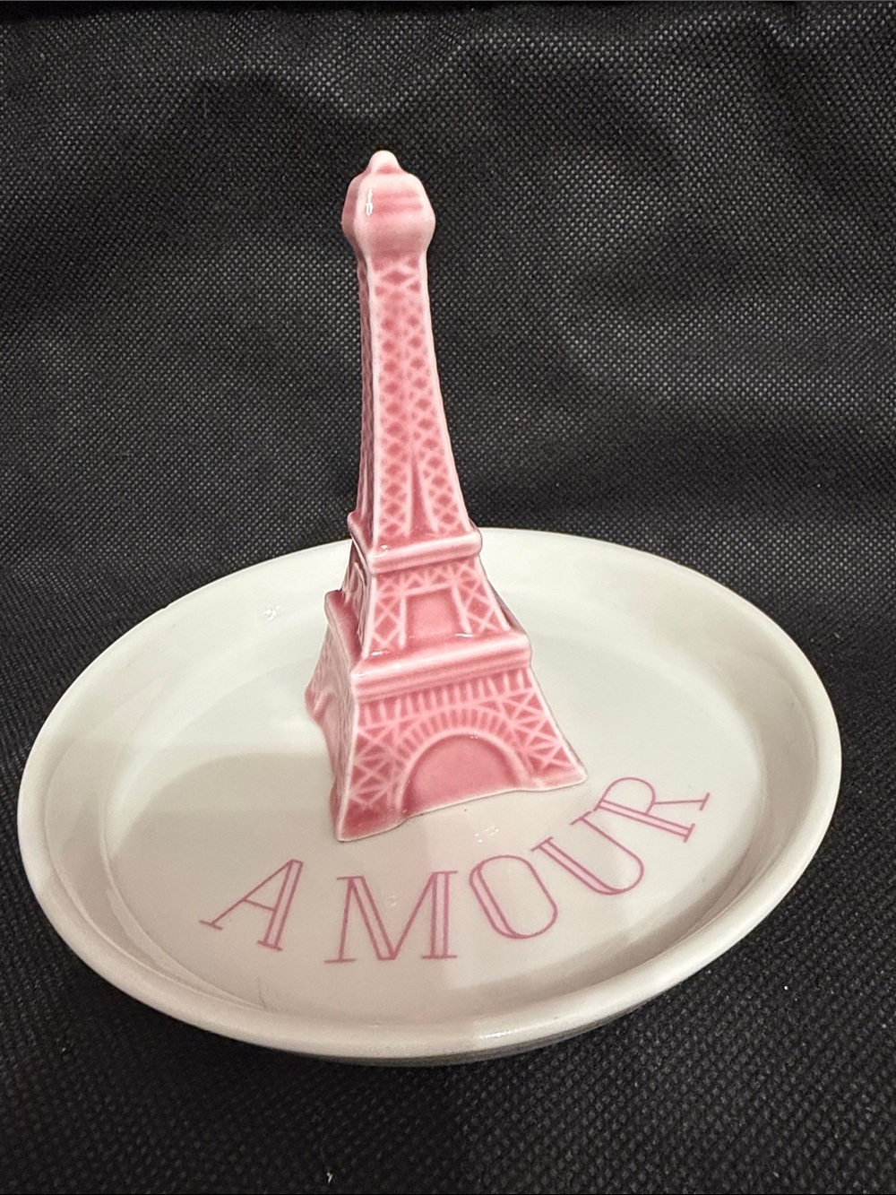 Vintage La Casa Bella ceramic Eiffel Tower ring holder with "Amour" on plate